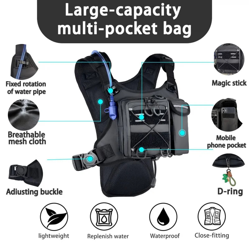 Cycling Gear Bag - ​ 高品質タクティカルベストチェストバッグ、2Lウォーターブラダー付き、軽量調整可能ギアホルスター反射バッグ、ランニングサイクリング用